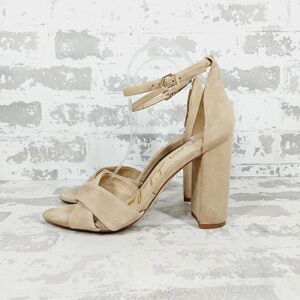 NEW Sam Edelman Yancy Tan Suede Block Heel Ankle Strap Sandal Heels M360